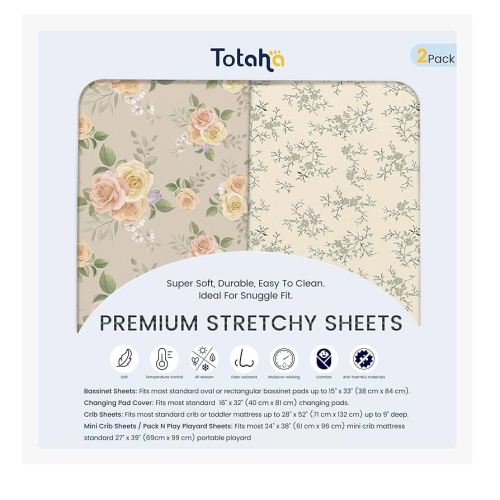 TotAha Premium Soft Bassinet Sheet for Boy Girl, Super Stretchy Jersey Knit Bassinet Fitted Sheet, Compatible with Halo, Maxi COSI, Mika Micky, SNOO, and Other Bassinet, 2 Pack (Vintage Rose & Brunch)