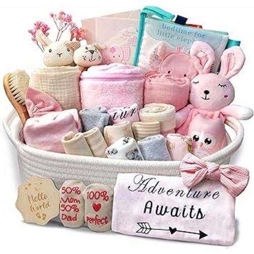 27-Piece Baby Girl Shower Gift Basket Set - Newborn Essentials, Large Pink Gift Basket With Rattle, Swaddle, Diaper Caddy Organizer