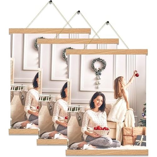 3 Pack Magnetic Poster Hanger Frame,16x20 16x24 16x16 Poster Frame Wood Magnet Frames Hangers for Photos, Pictures, Prints, Maps, Scrolls and Canvas Artwork , 16", Pine Color)