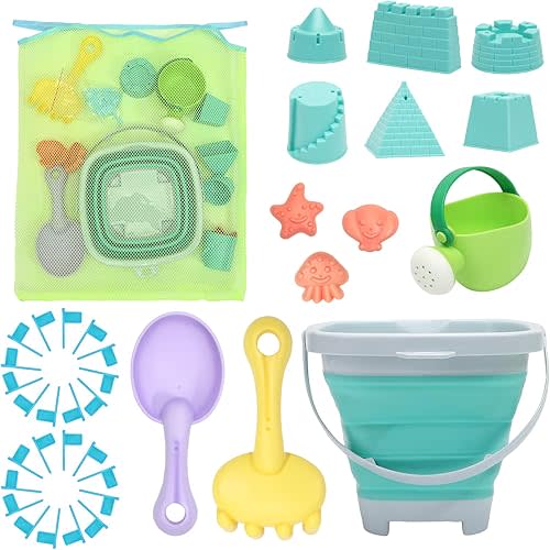 Beach Toys Sand Set for Kids, Collapsible Bucket and Shovels with Mesh Bag, Molds, Flags, Sandbox Kids Toddlers, Travel (Tavel Size)