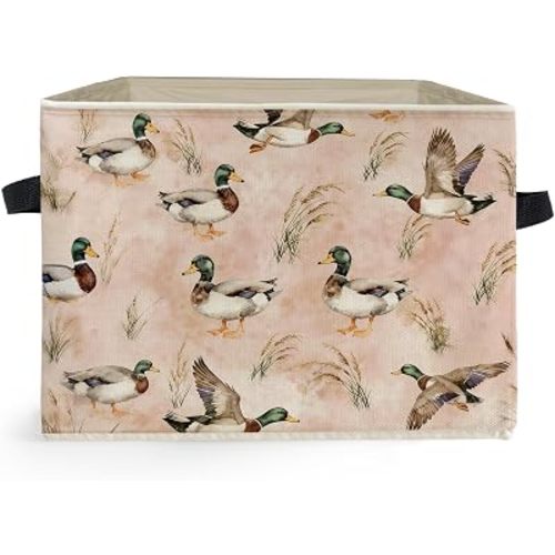 Pink Mallard Duck Nursery Storage Box Bins, Vintage Rustic Flying Mallard Ducks Collapsible Storage Basket Organizer for Kids Room Bedroom Laundry Room Clothes Books, Decor for Room