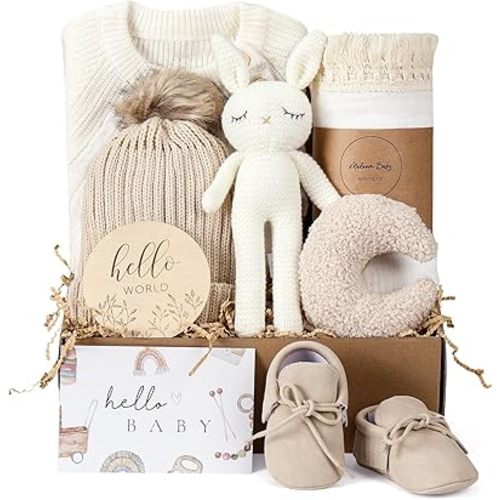 meloom Baby Gift Set, Unisex Newborn Gifts Box, Boho Gender Neutral Baby Essentials, for New Mom, New Baby Gifts for Boys and Girls, Personalized Gift Basket for New Babies