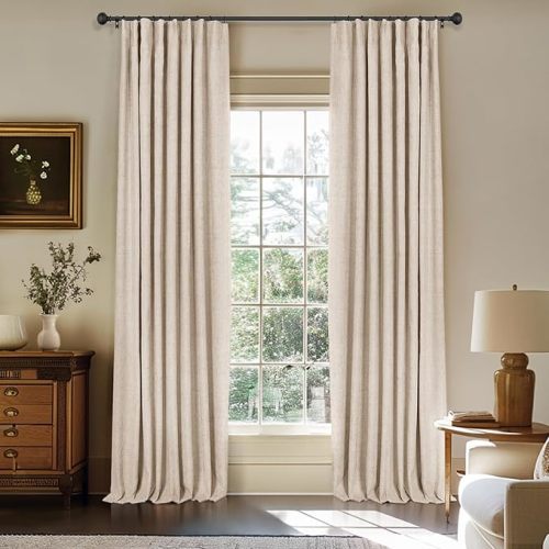 INOVADAY 100% Blackout Curtains for Bedroom, Black Out Curtains 72 Inch Long, Clip Rings Linen Blackout Drapes, Thermal Insulated Room Darkening for Living Room, 2 Panels - Oatmeal,W50xL72