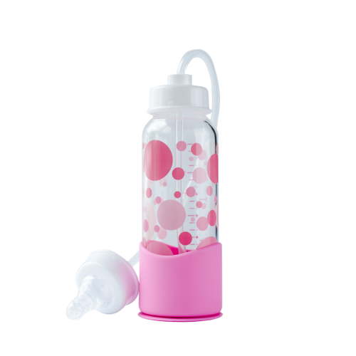 Hands-Free Baby Bottle - Anti-Colic Nursing System 7 oz Glass Baby Bottle with Fast Flow Nipple/Teat 3m+ Infant with Tube Straw Feeding System for Toddler (1 Bottle - Pink)