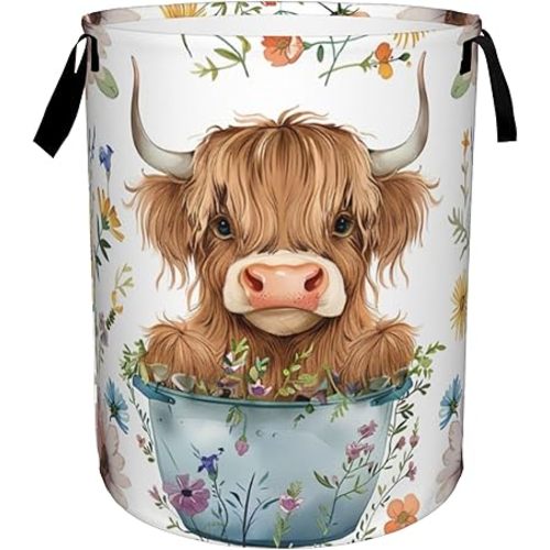 Cute Highland Cow Animal Laundry Basket, Foldable Waterproof Storage Basket with Handle for Clothes Storage/Toy Storage/College Dormitory/Home Decoration