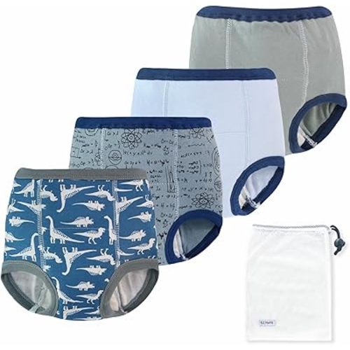 EZ Moms 4 Packs Toddler Potty Training Underwear Leakproof Soft Absorbent Kid Confident Toilet Training Pants for Boys 1T 100% Cotton Underwear Reusable Baby Boy Pee Pants with Potty Sticker Chart