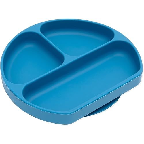 Bumkins Toddler and Baby Suction Plate, Divided Grip Dish for Babies and Kids, Baby Led Weaning, Feeding Supplies, Sticks to Tables and Highchairs, Platinum Silicone, for Children 6 Months, Dark Blue