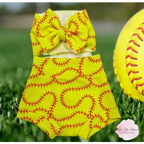 Softball Baby Girl Bummies, Softball Baby, Toddler Softball Bummie and Bow Set, Baby Shower Gift, Softball Team Baby, Photo Prop, Birthday