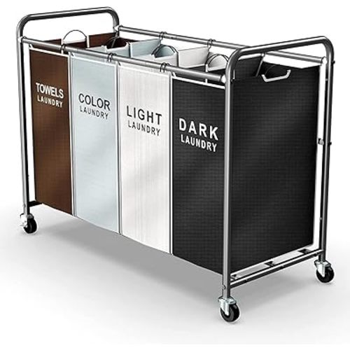 ROMOON Laundry Sorter 4 Section, Separated Laundry Hamper Cart with Wheels and Removable Bags, Rolling Laundry Basket Organizer with Large Capacity for Dirty Cloth Storage in Laundry Room, Multicolor