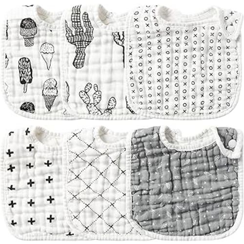 Zainpe 6Pcs Snap Muslin Cotton Baby Bibs Ice Cream Cactus Pattern Black Infants Feeding Bib Adjustable Machine Washable Unisex Burp Cloths with 6 Absorbent & Soft Layers for Drooling Teething Eating