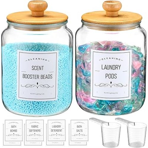Laundry Pods Container With Airtight Bamboo Lid,Glass Jars for Laundry Room Organization Jar. Dishwasher pods container.1/2 Gallon Laundry Jars for Detergent Powder,Scent Boosters,Laundry Room Storage