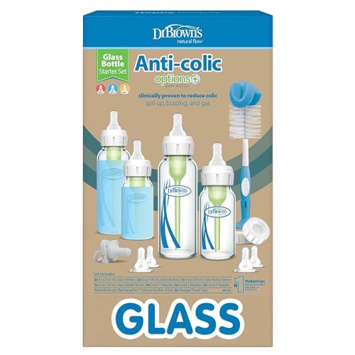 Dr. Brown's Anti-Colic Options+ Narrow Glass Baby Bottle Starter Set with Silicone Bottle Sleeves, Levels 1, 2, and 3 Nipples, Soft Touch Cleaning Brush, Storage/Travel Caps, and HappyPaci