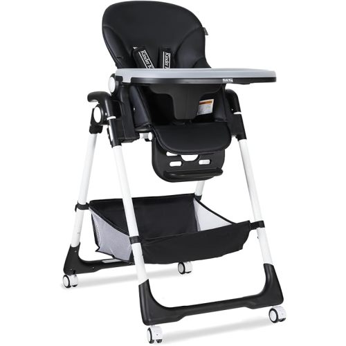 Kinder King High Chair for Babies & Toddlers, Simple Fold Highchair w/Large Storage Basket, Adjustable Height, Recline & Footrest, Detachable Double Trays, 4 Lockable Wheels, Easy to Clean, Black
