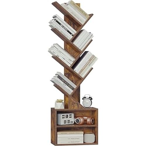 SUNMORY 6 Tier Tree Bookshelf, Small Bookcase with Storage Cabinet, Modern Tall Narrow Bookshelves Organizer, Floor Standing Book Shelf for Bedroom/Living Room/Home Office/Corner, Rustic Brown