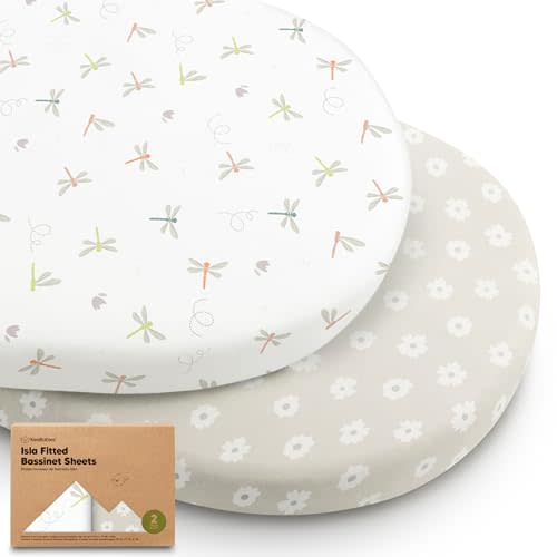 2-Pack Baby Bassinet Sheets Girl, Boy - Viscose Derived from Bamboo Fitted Bassinet Sheets Compatible with Halo Bassinest Swivel Sleeper, Baby Delight, Graco Bedside Bassinet Mattress Sheet (Meadow)