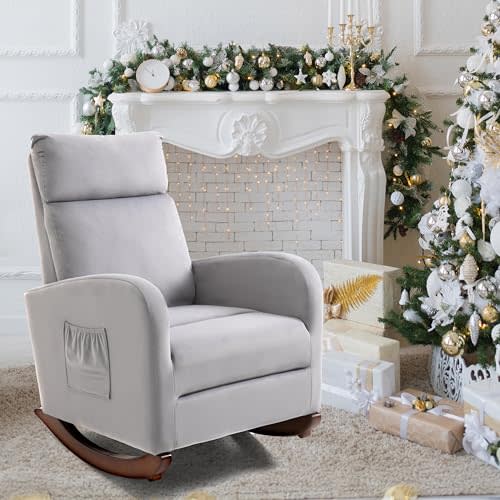 AVAWING Glider Rocking Chair, Upholstered Rocker for Nursery with Solid Legs and Side Pockets, High Back Armchair for Living Room Bedroom (Gray)
