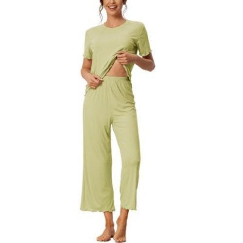 cheibear Women's Pajama Set Ruffle Round Neck Soft Knit Short Sleeve Shirt with Pants Capri Loungewear Small Light Green