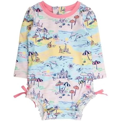 RuffleButts Baby Girls UPF 50+ Sun Protection Floral Printed Long Sleeve One Piece Rash Guard Swimsuit with Zipper