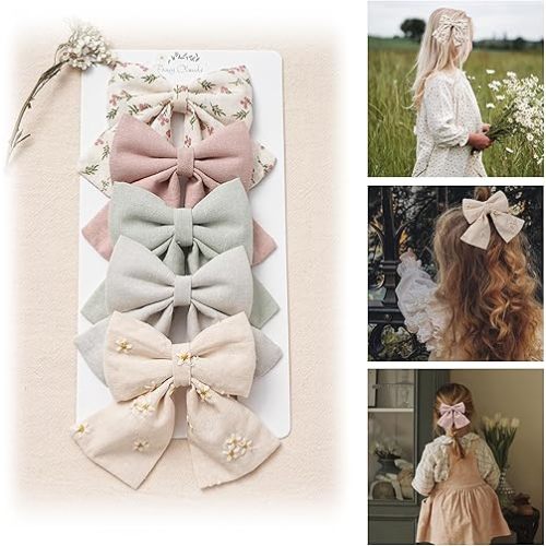 Hair Bows with Hair Clips for Girls Toddler Baby,Handmade 5" Flower Print Embroider Big Bows,FANCY CLOUDS Boutique Hair Accessorioes Gifts for School Kids