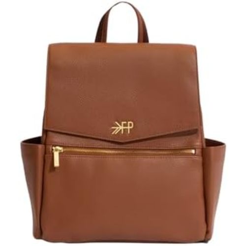 Freshly Picked Mini Classic Diaper Bag Backpack, Wipeable Vegan Leather, 8 Pockets Total (Cognac)
