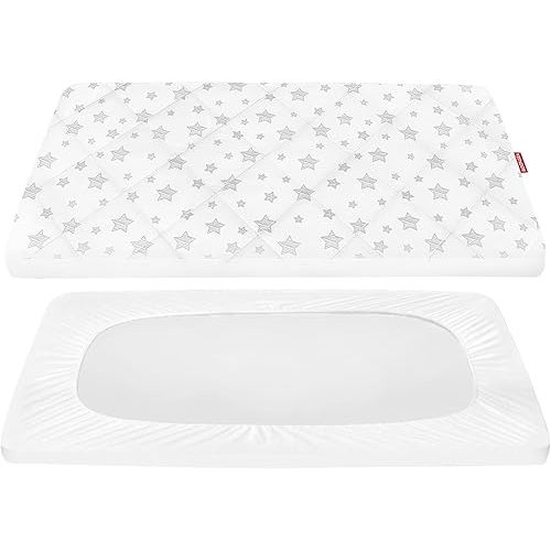 Pack and Play Sheet Quilted 39"×27"×5", Compatible with Graco Portable Mini Cribs, Suitable for Yards and Foldable Mattress Pack and Play Pad, White Star