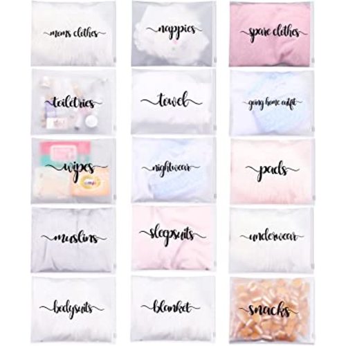 15 Pack Hospital Bags for Labor and Delivery 11 x 14 Inch Diaper Bag Organizing Pouches Resealable Maternity Hospital Bag (Black Letter)