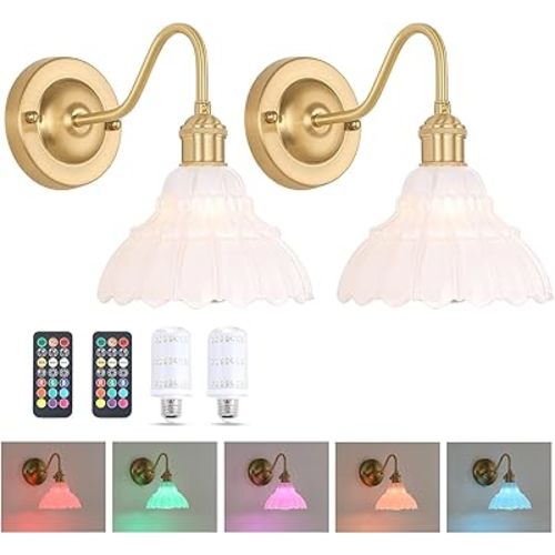 Battery Operated Wall Sconce Set of 2, Vintage Rechargeable Wall Lights with White Lily Glass Shade, Wireless Indoor Wall Lamp for Bedroom Living Room Bathroom