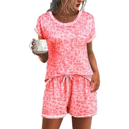 Ekouaer Womens Pajama Sets 2 Piece Soft Short Sleeve Top and Shorts Sleepwear Round Neck Pjs Lounge Set with Pockets