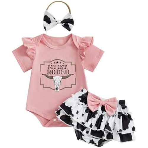 Kayotuas Western Baby Girl Clothes Summer Cowgirl Outfits My First Rodeo Romper Cow Print Bloomer Shorts Headband 3 Piece Set