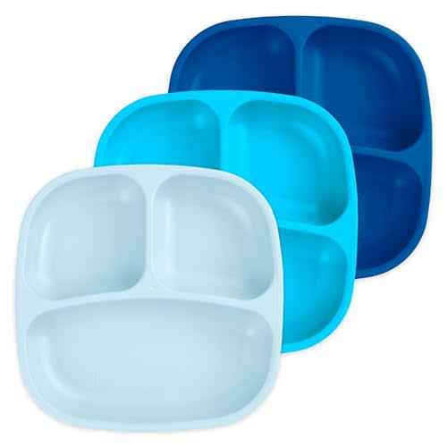 Re-Play Made in USA 7" Deep Walled Divided Plates for Kids, Set of 3 - Reusable 3 Compartment Plates, Dishwasher and Microwave Safe - 7.37" x 7.37" x 1.25", Bluesy