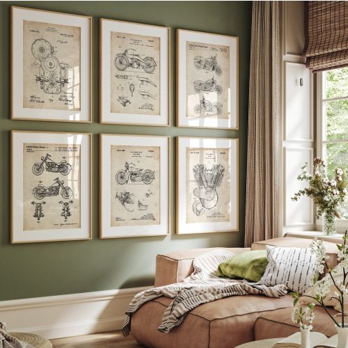 Motorcycle Set Of 6 Patent Prints, Motorcycle Wall Art, Biker Gift, Motorbike Poster, Garage Decor, Man Cave Artwork, Bedroom Print