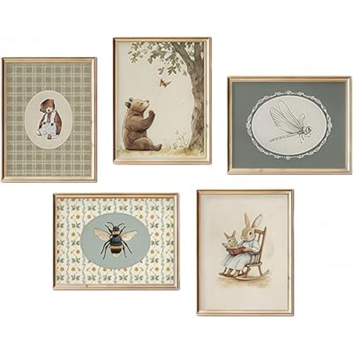 Vintage Animals Nursery Wall Art Decor Set of 5 Retro Canvas Decor Kids Room Painting Farmhouse Animal Posters Teddy Bears, Rabbits, Dragonflies, Bees Pictures Decoration for Children's Bedroom Room Home Decor 8x10 Unframed
