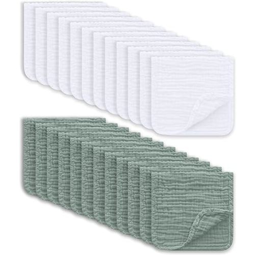 Muslin Burp Cloths Large 100% Cotton Hand Washcloths for Boys & Girls, Baby Essentials Extra Absorbent and Soft Burping Rags for Newborn Registry (White & Green, 24-Pack, 20" X10")