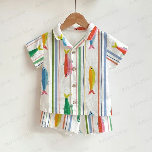 Baby Toddler Boys Fish Striped Shirt and Shorts 2-piece Set