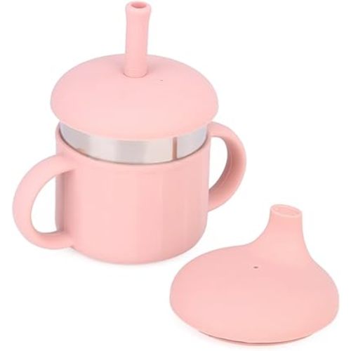 Baby Sippy Cup, Silicone Training Stainless Steel Kid Cups, Break Resistant Straw Lid Cup for Infants 6-12 Month Toddlers and 1-3 Year Kids, 7.4 Oz Water Drinking Cup (Pink, 1pc)