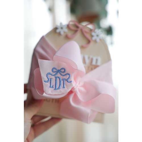 BOW DESIGN - Baby Girls Monogrammed Hair Bow - Headband - Newborn - Coming Home - 6” - Pink - Nylon - Embroidered - Monogram