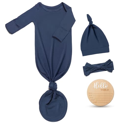 Hello World Newborn Knotted Gown 0-3 Months, Coming Home Outfit Baby Bamboo Viscose Sleeper with Hat,Headband,Wooden Sign
