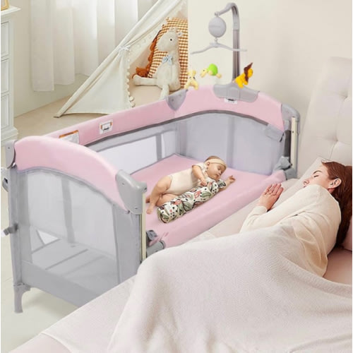 SIMPLGIRL 5-in-1 Pink Baby Bassinet Bedside Crib, Pack n Play Long Next to Parents Bed Crib, Foldable Playard, Playpen Travel Bed Nursery Center for Girl Infant Newborn