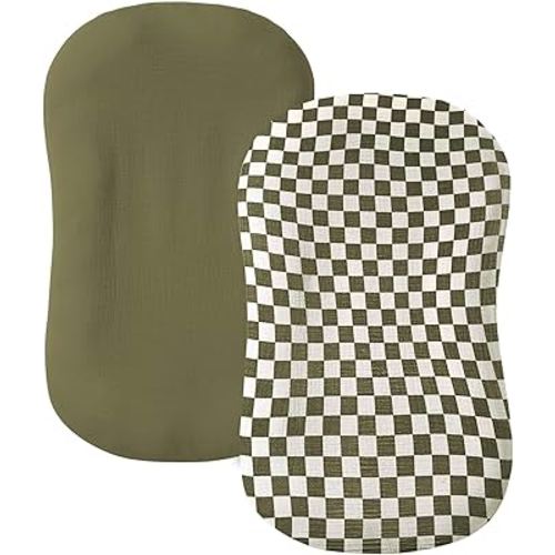 Muslin Baby Lounger Cover 2 Pack, 100% Cotton Infant Lounger Cover, Soft & Breathable Replacement Slipcover, Compatible with Snuggle Me Newborn Lounger (Olive,Olive Check)