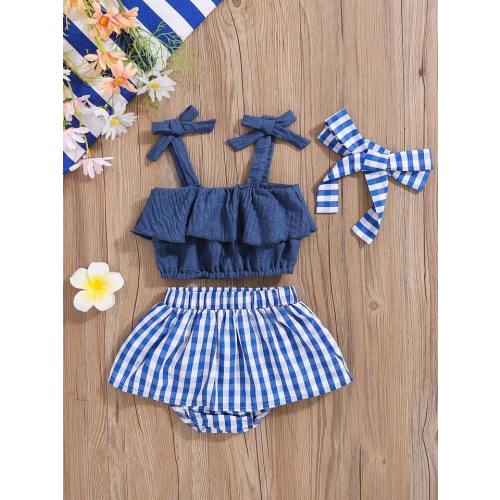 3pcs Baby Girls' Lovely Bowknot Camisole Top, Checkered Skirt With Ruffle Hem And Headband Set For Summer Holiday Party