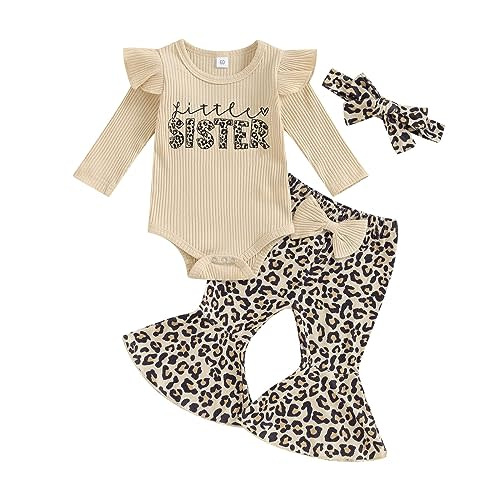 Kuriozud Newborn Baby Girl Bell Bottom Outfit Ruffle Romper Cute Bow Flare Pants Set Headband Cute Clothes