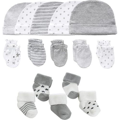 Newborn Baby Boy Girl Caps Mittens Socks Set Cotton Baby Essentials Accessories (Hats+Gloves+Socks)
