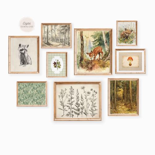 Vintage Cottagecore Nursery Gallery prints, Woodland Nature nursery pictures, Antique Woods Animals wall art, 9 piece wall art download