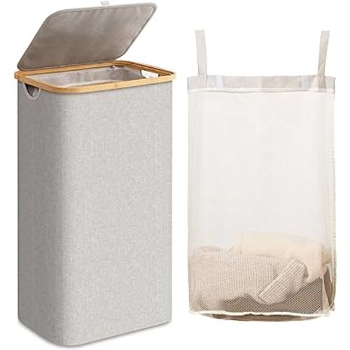 Famyards Laundry Hamper with Lid,100L Large Laundry Basket with Bamboo Handles and Removable Inner Bag, Collapsible Dirty Clothes Hamper Laundry Bin for Bathroom, Bedroom,Dorm Laundry Room(Light Grey)