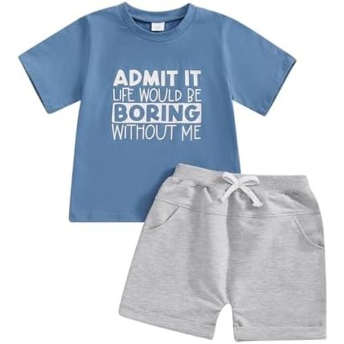 wdehow Toddler Baby Boy Summer Clothes Set Letter Print Crew Neck Short Sleeve T-Shirts Elastic Waist Shorts 2Pcs Outfits