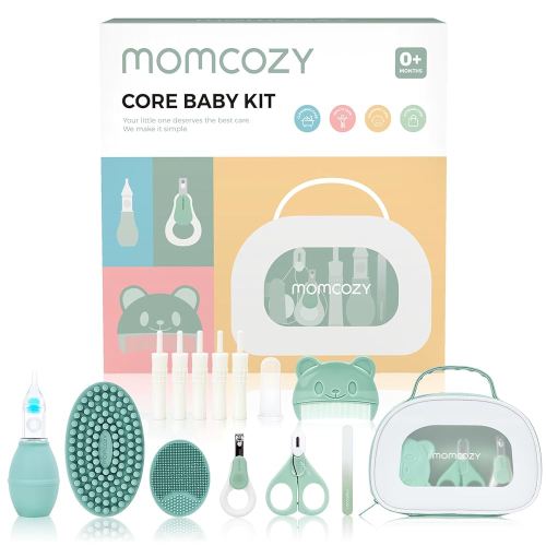 Momcozy Core Baby Kit, Baby Shower & Registry Essential Kit for Grooming&Health&Cleansing Care, Includes Nail File Kits, Nasal Aspirator, Gas Relief Tubes, Bath Brushes, Toothbrush, Comb, Storage Case