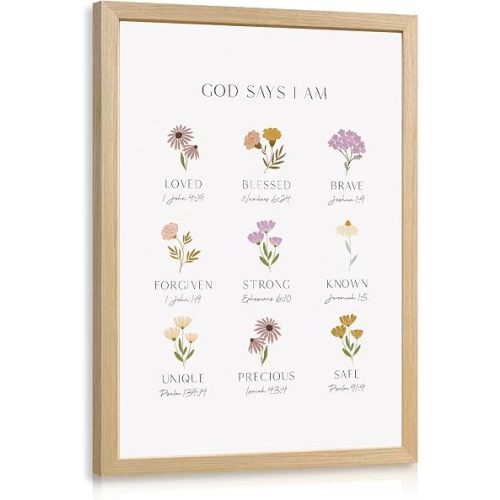 RLKHG Wood Framed God Says I Am Wall Art, Christian Scripture Nursery Wall Decor, Inspirational Bible Verse Poster Print, Floral Religious Faith Artwork for Baby Room Girls Bedroom 12x16 Inch