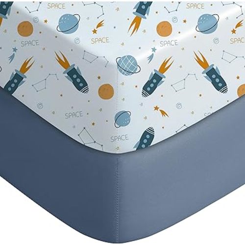 Yoofoss Pack and Play Sheets Fitted, Mini Crib Sheets 2-Pack for Pack N Play Mattress, Stretchy Playard Sheet, Soft and Breathable Blue Rocket