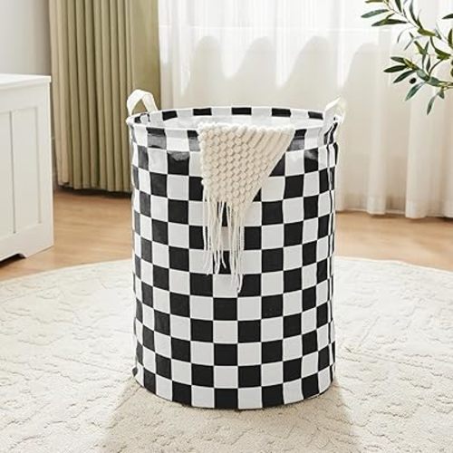 Black White Checkered Laundry Basket, Collapsible Aesthetic Cute Canvas Organizer Hamper Basket for Storage, Toy Bins, Bedroom Clothes, Children Nursery, Gift Basket