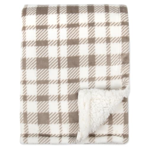 Jessica Simpson Luxury Velour Plush Printed Baby Blanket for Newborns, Infants and Toddlers (Plaid Taupe)